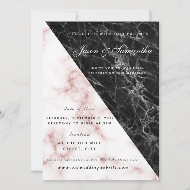 Black Marble and Rose Gold Coral Wedding Invitation (Front)