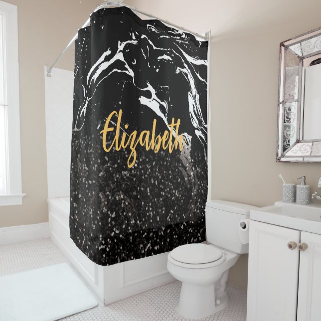 Black Marble/Black Glitter Shower Curtain (In Situ)