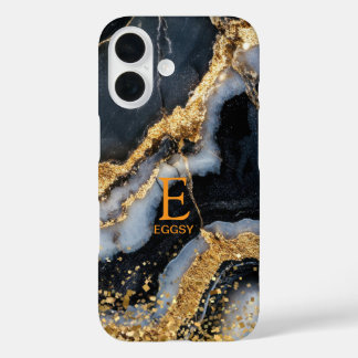 Black marble chic gold glitter monogram iPhone 16 case