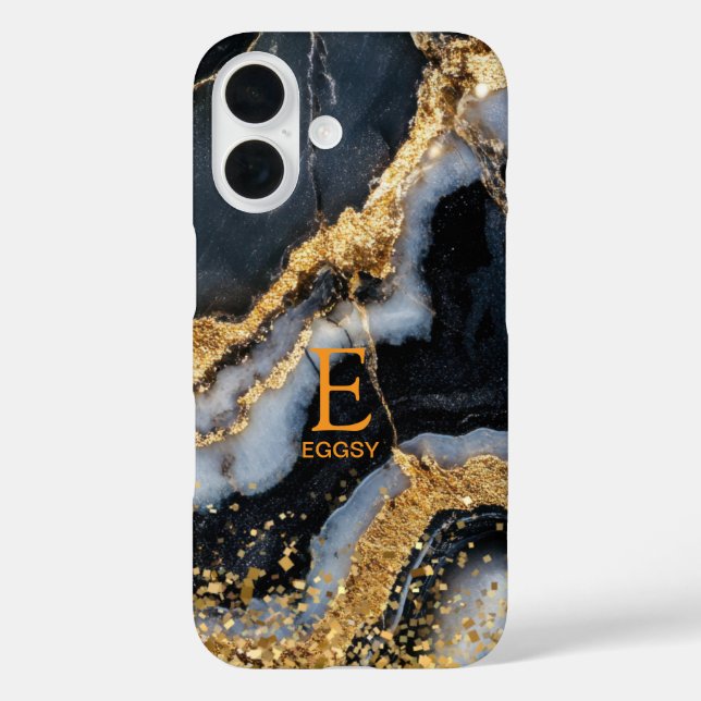 Black marble chic gold glitter monogram Case-Mate iPhone case (Back)