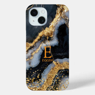 Black marble chic gold glitter monogram iPhone 15 case