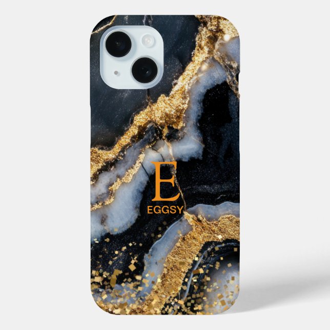 Black marble chic gold glitter monogram Case-Mate iPhone case (Back)