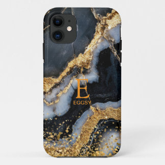 Black marble chic gold glitter monogram iPhone 11 case