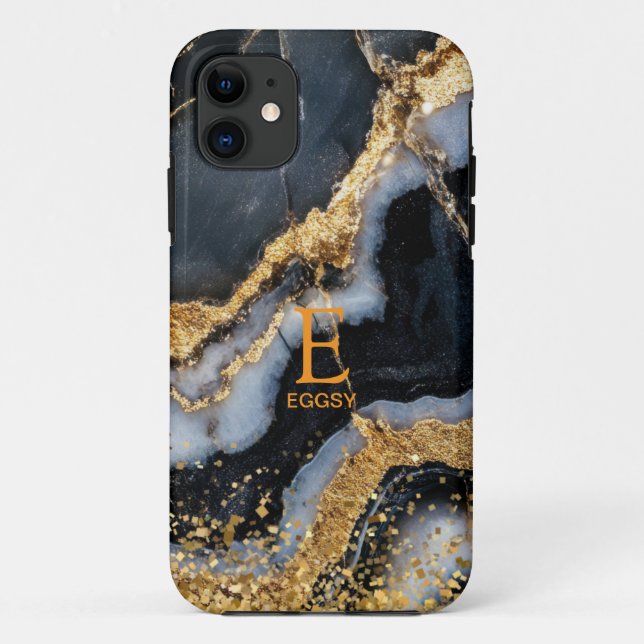 Black marble chic gold glitter monogram Case-Mate iPhone case (Back)