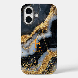 Black marble chic gold glitter monogram iPhone 16 case