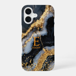 Black marble chic gold glitter monogram iPhone 16 case