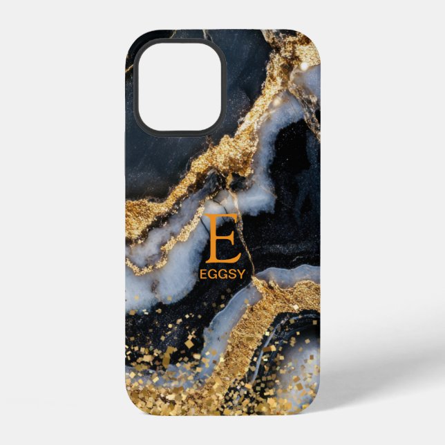 Black marble chic gold glitter monogram iPhone case (Back)