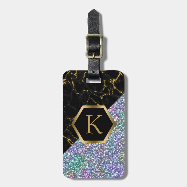 Black Marble & Colourful Glitter Modern Design Luggage Tag (Front Vertical)