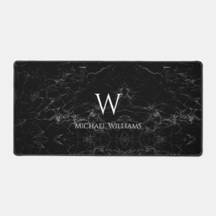 Black Marble Elegant Monogram Initial Name  Desk Mat