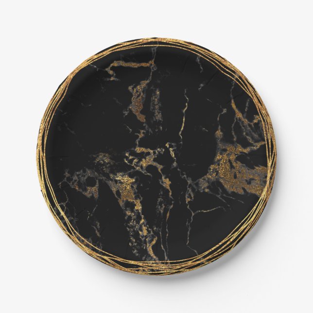 Black Marble Glam Golden Birtday Party Paper Plate (Front)