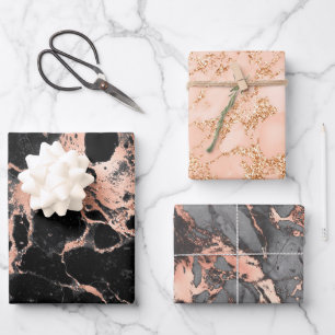Black marble glitter rose gold wrapping paper sheet