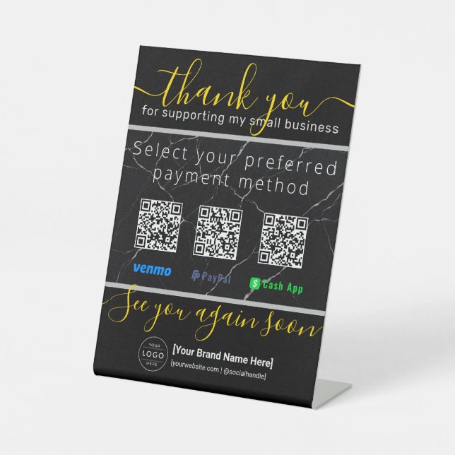 Black Marble Gold 3 QR Code Business Payment Sign (Front)