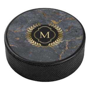 Black Marble Gold Badge Monogram Hockey Puck