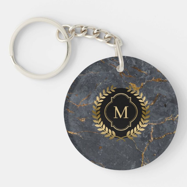 Black Marble Gold Badge Monogram Key Ring (Front)