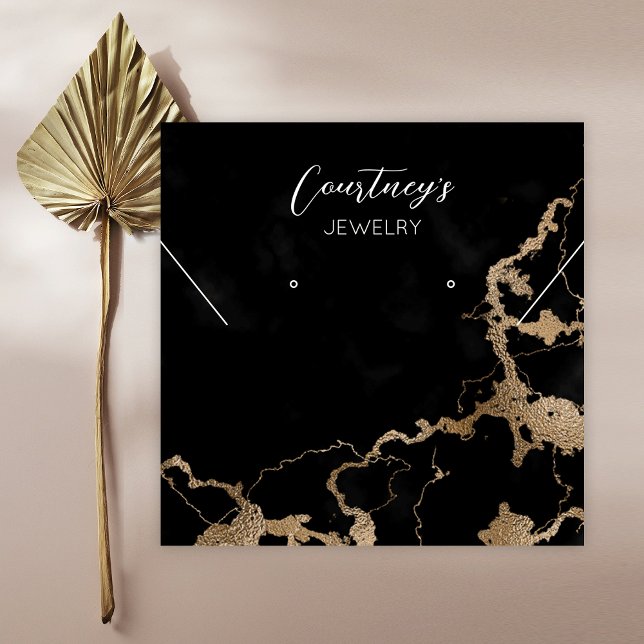 Black Marble & Gold Earring Jewellery Display Card (Black marble and gold glitter square jewelry display tags)