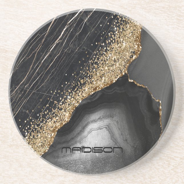 Black Marble Gold Glitter  Coaster (Front)