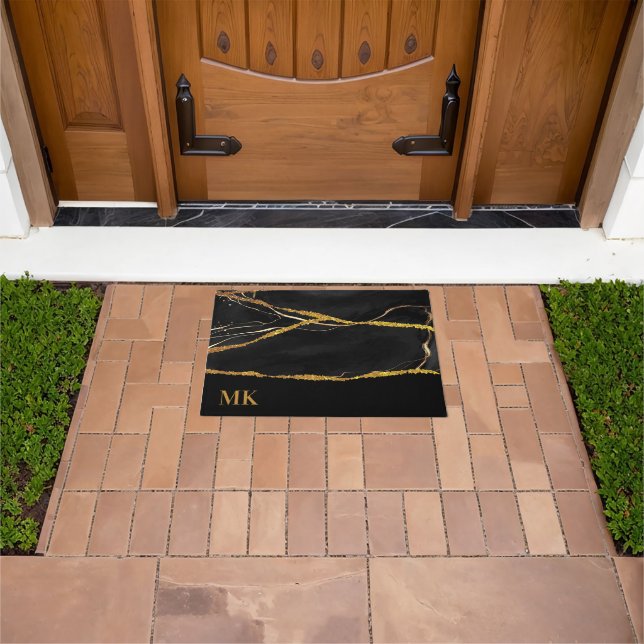 Black Marble Gold Glitter Doormat (Outdoor)