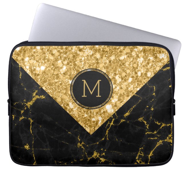 Black Marble & Gold Glitter Geometric Design Laptop Sleeve (Front)