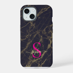 black marble gold glitter monogram iPhone 15 case