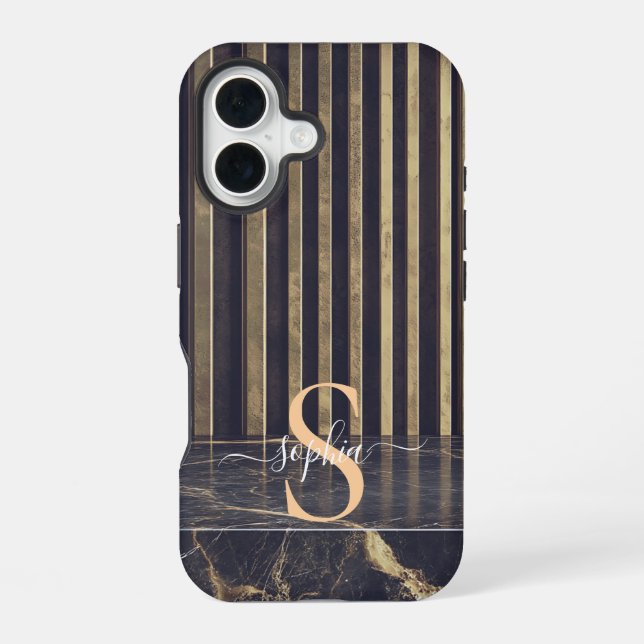 black marble gold glitter monogram iPhone 16 case (Back)