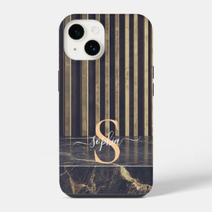 black marble gold glitter monogram iPhone 14 case