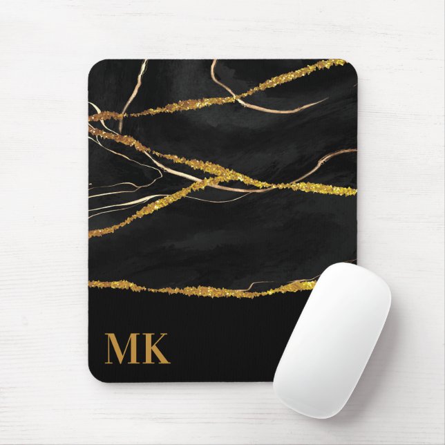 Black Marble Gold Glitter Mouse Mat (With Mouse)
