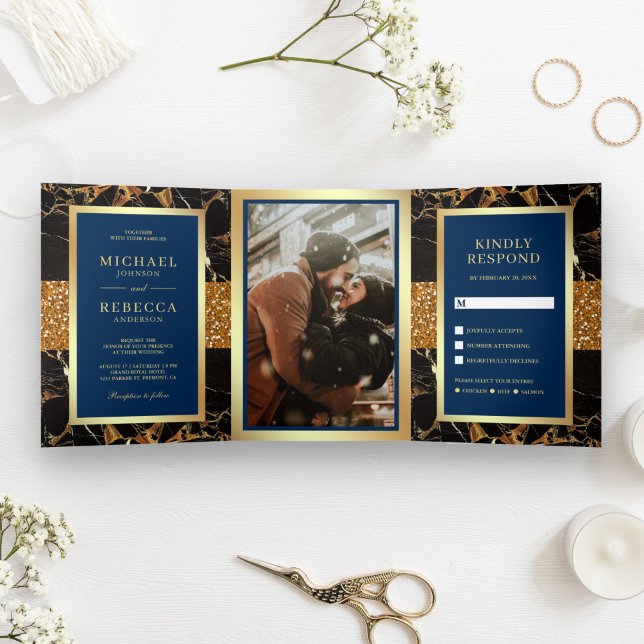 Black Marble Gold Glitter Navy Blue Wedding Tri-Fold Invitation (Creator Uploaded)