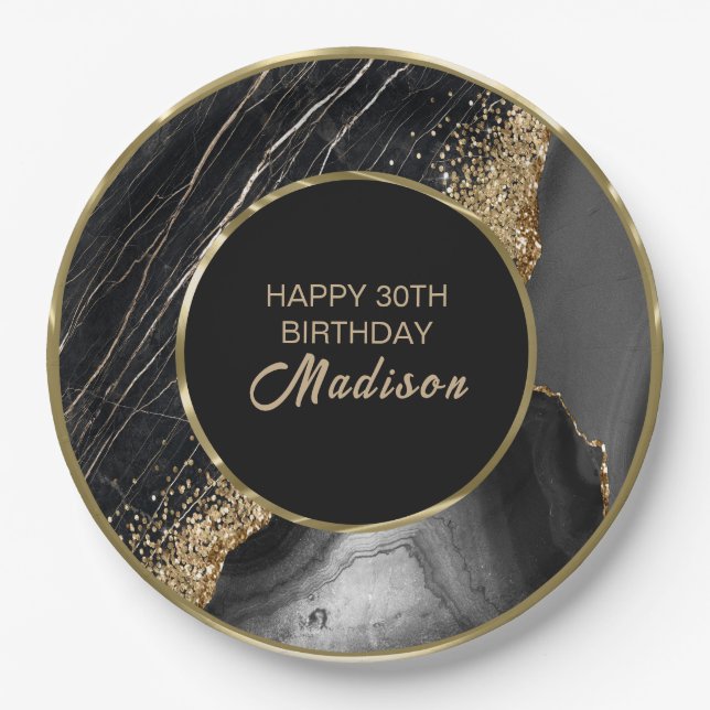 Black Marble Gold Glitter  Paper Plate (Front)