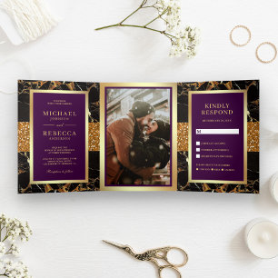Black Marble Gold Glitter Plum Purple Wedding Tri-Fold Invitation