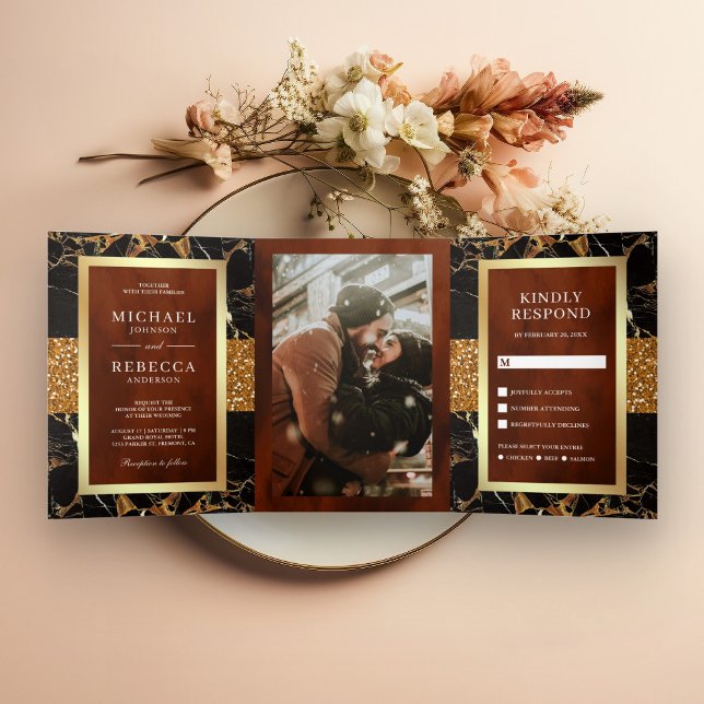 Black Marble Gold Glitter Terracotta Wedding Tri-Fold Invitation (Creator Uploaded)