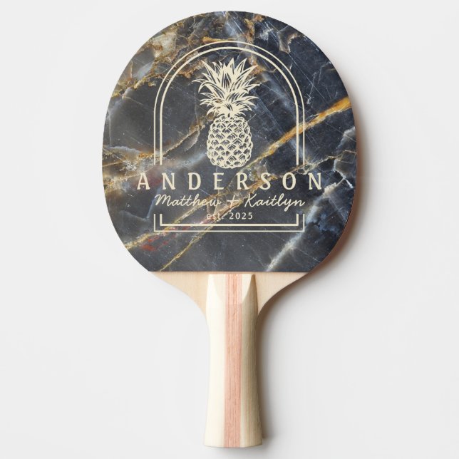 Black Marble & Gold Pineapple Wedding Arch & Name Ping Pong Paddle (Front)
