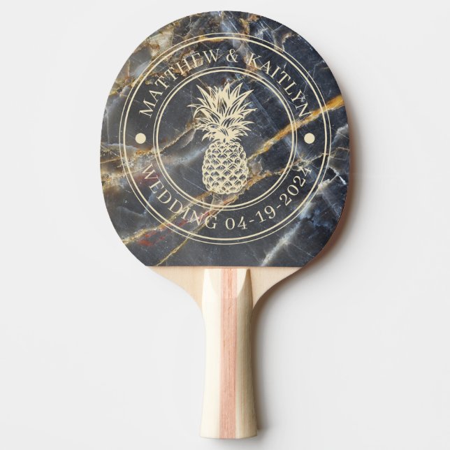 Black Marble & Gold Pineapple Wedding Crest & Name Ping Pong Paddle (Front)