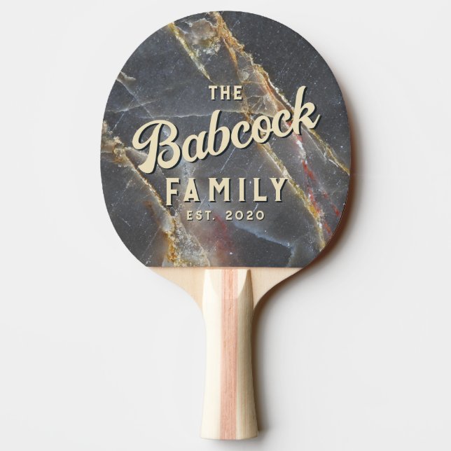 Black Marble & Gold Stone Retro Family Name & Year Ping Pong Paddle (Back)