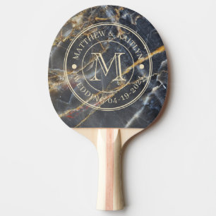 Black Marble & Gold Stone Wedding Monogram Ping Pong Paddle