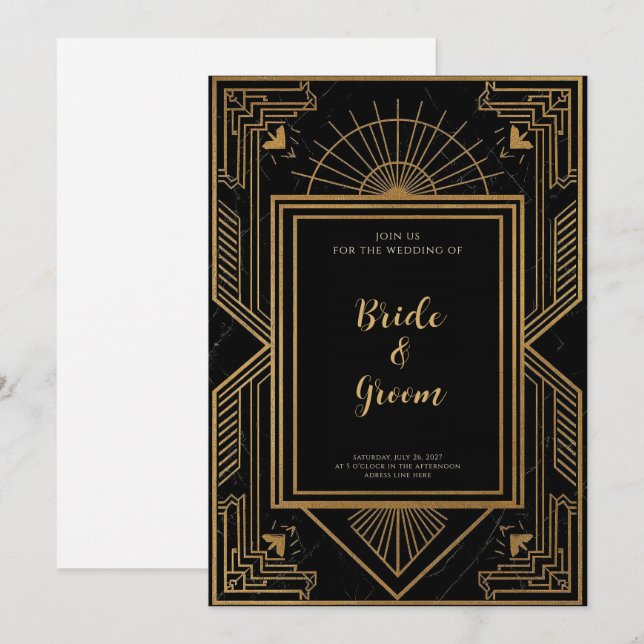 Black Marble Gold Sunburst Geometric Invitation (Front/Back)