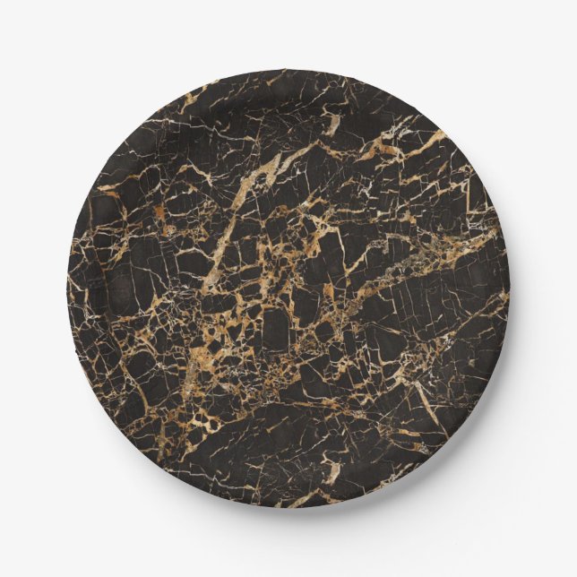 Black Marble Gold Veins Paper Plate (Front)