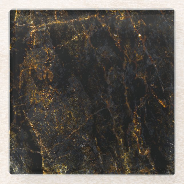 Black marble, golden veins, texture. glass coaster (Front)