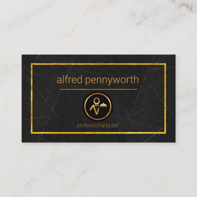 Black Marble Grunge Golden Border Butler Business Card (Front)