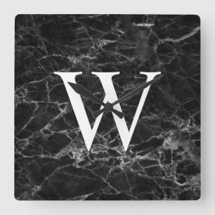 Black Marble Initial Square Kitchen Wall Clock