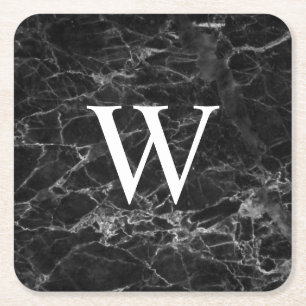 Black Marble Initial Square Paper Drink Coaster