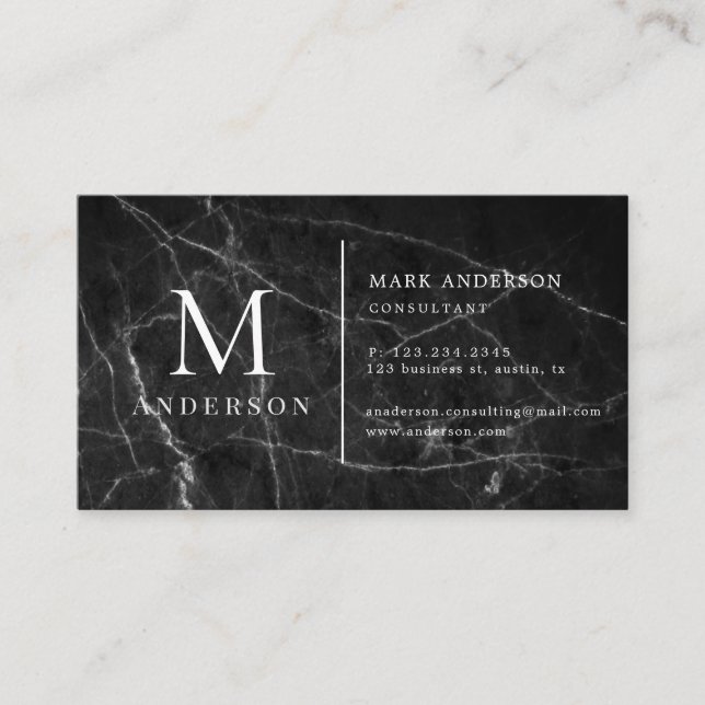 Black Marble Masculine Double Monogram Business Card (Front)