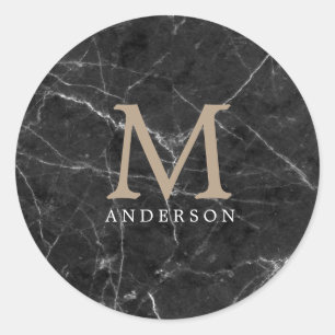 black marble masculine double monogram classic round sticker