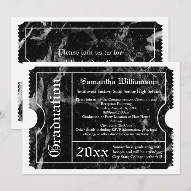 Black Marble Modern Graduation Ticket Invitation (Front/Back)