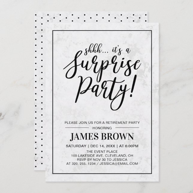Black & Marble | Modern Surprise Retirement Party Invitation (Front/Back)