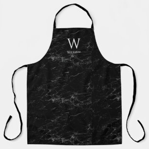 Black Marble Monogram Modern Elegant White Name Apron