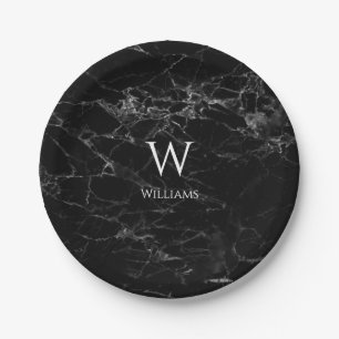 Black Marble Monogram Modern Elegant White Name Paper Plate