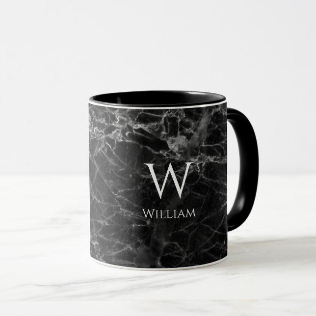Black Marble Monogram Name Modern White Initial Mug (Front Right)
