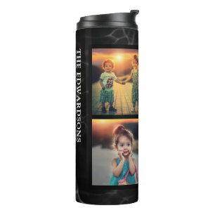 Black marble pattern family photo collage monogram thermal tumbler