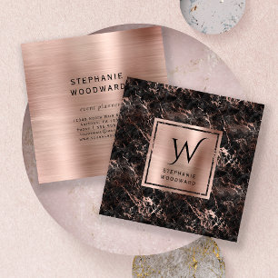 Black Marble Rose Gold Brushed Foil Monogram Square Business Card