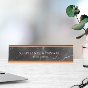 Black Marble Rose Gold Elegant Modern Desk Name Plate